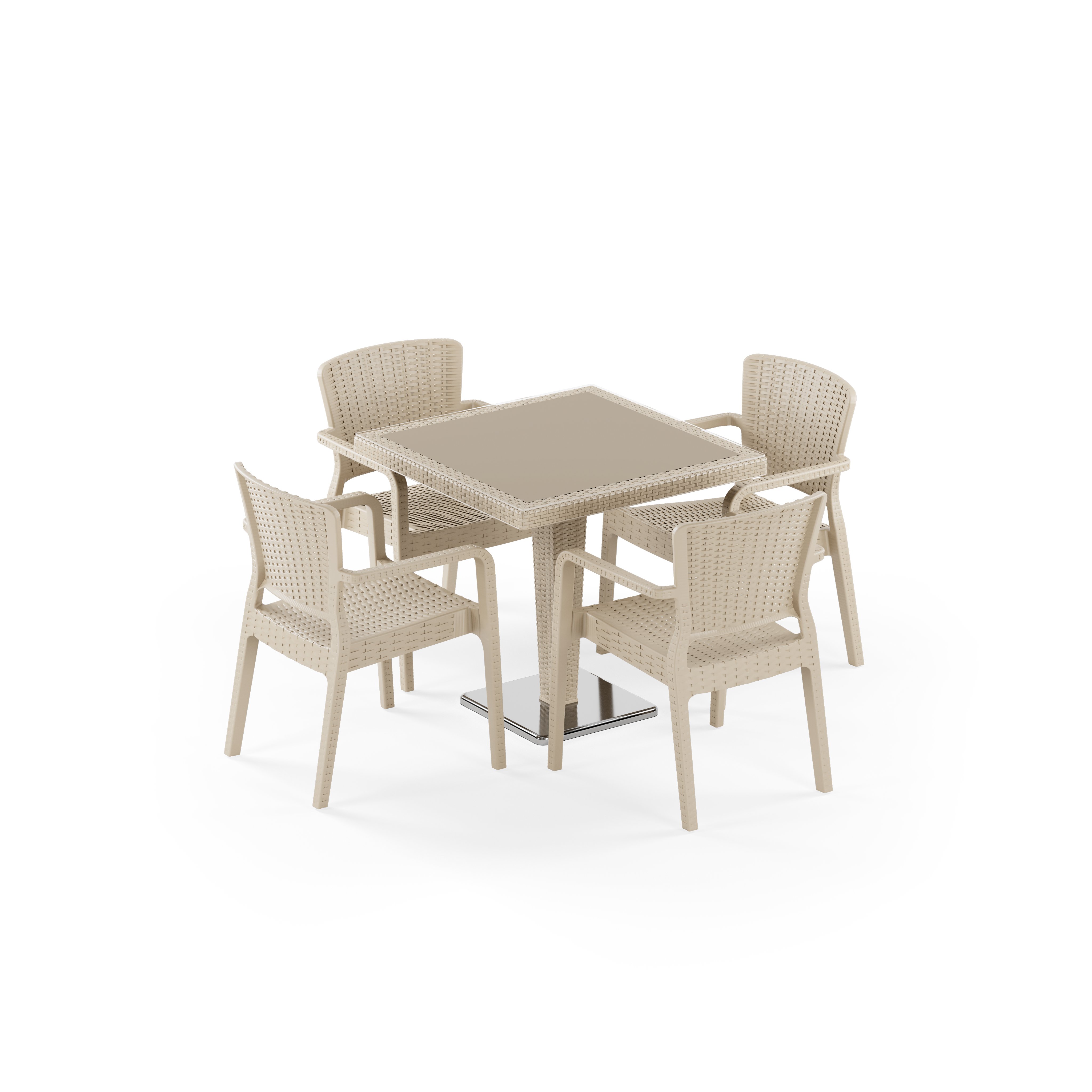 Antares Krom Ayak Camlı 80X80 &amp; Antares Koltuk 4 Kişilik Rattan Masa Takımı