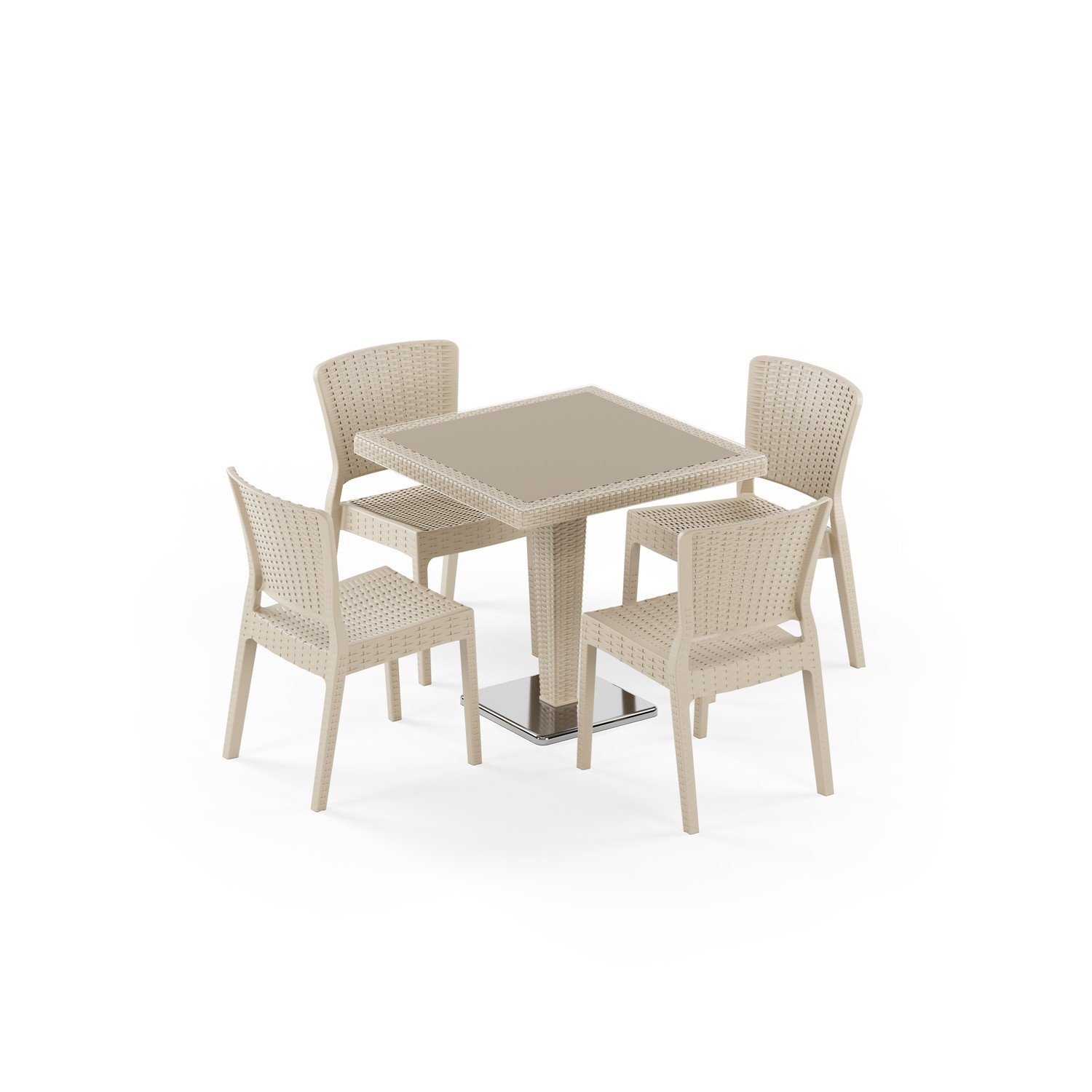 Antares Krom Ayak Camlı 80X80 Antares Sandalye 4 Kişilik Rattan Masa Takımı