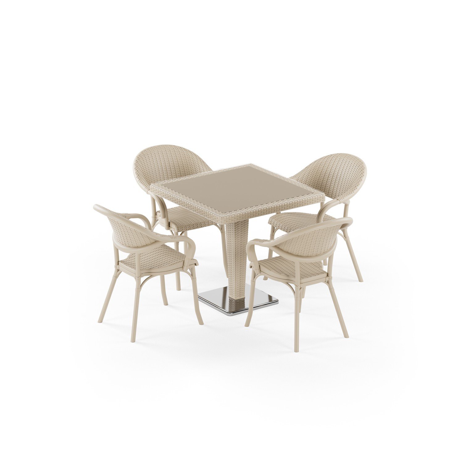 Antares Krom Ayak Camlı 80X80 Flash-R 4 Kişilik Rattan Masa Takımı