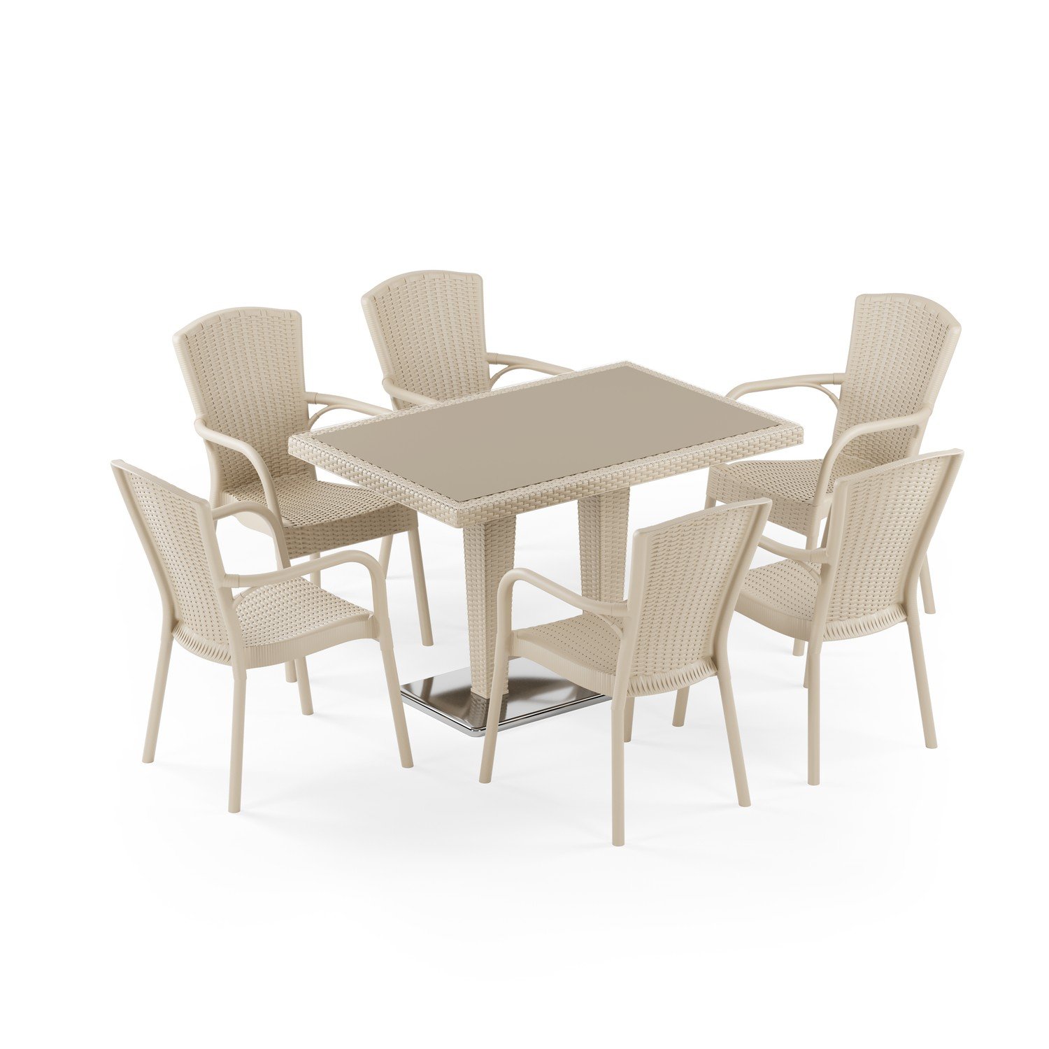 Antares Krom Ayak Camlı 80X120 Royal 6 Kişilik Rattan Masa Takımı